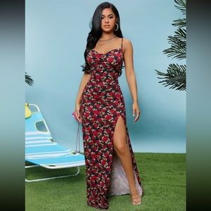 SHEIN SXY Draped Neck Split Thigh Floral Print Slip Dress